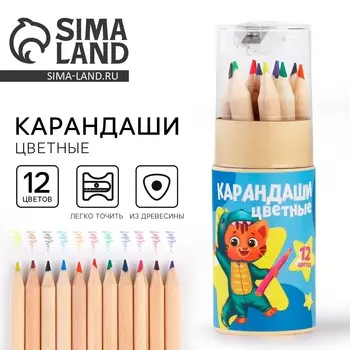 Цветные карандаши 12 цветов в тубусе мини, деревянные, заточенные