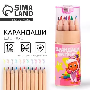 Цветные карандаши 12 цветов в тубусе мини, деревянные, заточенные