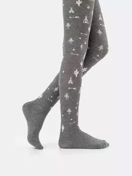 Детские темно-серые колготки с изображением деревьев и вигвамов