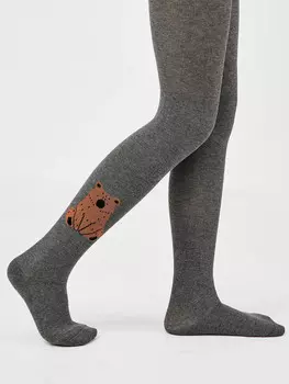 Детские темно-серые колготки с плюшевым следом и изображением медведя