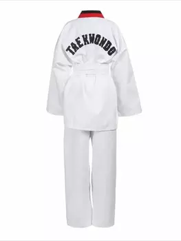 Кимоно для тхэквондо fight empire, размер 140, детский, белый, черно-красный ворот