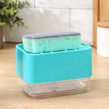 Дозатор для моющего средства с подставкой для губки raccoon, губка в комплекте, бирюзовый