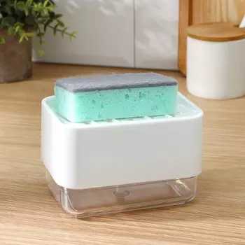 Дозатор для моющего средства с подставкой для губки raccoon, губка в комплекте, цвет белый