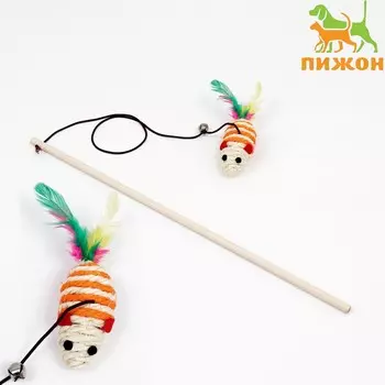 Дразнилка с мышкой (7 см) на деревянной палочке, 40 см, оранжевая/белая