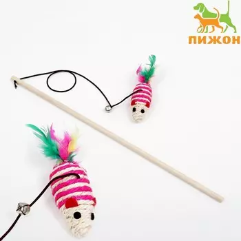 Дразнилка с мышкой (7 см) на деревянной палочке, 40 см, розовая/белая