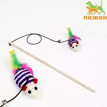 Дразнилка с мышкой (7 см) на деревянной палочке, 40 см, синяя/белая
