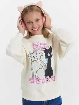 Джемпер для девочек молочно-бежевый с аниме котиками