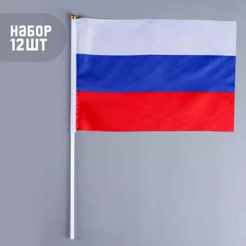 Флаг россии, 2030 см, шток 40 см, полиэфирный шелк, набор 12 шт.