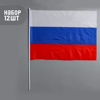 Флаг россии, 4060 см, шток 60 см, полиэфирный шелк, набор 12 шт.
