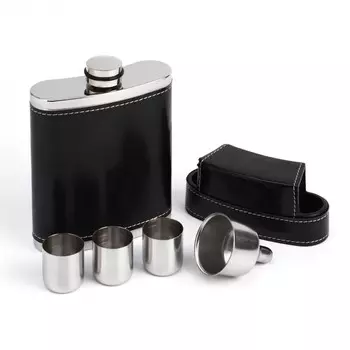 Фляжка мастер к, 240 мл, 3 стопки и воронка, в чехле, 8 oz, нержавеющая сталь, экокожа, черная