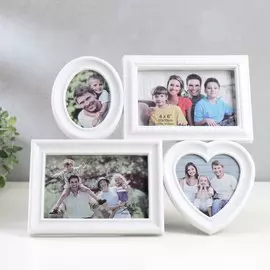 Фоторамка на 4 фото белая 1015 см, овал 9х6 см, сердце 9х9 см