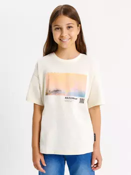Футболка для девочек бежевая с принтом