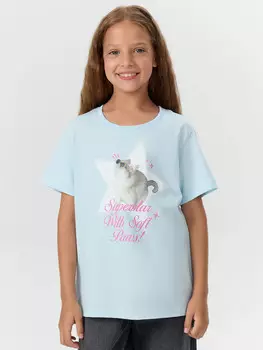Футболка для девочек голубая с принтом и надписью