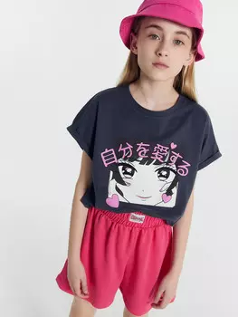 Футболка для девочек серая с принтом аниме