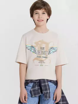 Футболка для мальчиков бежевая с принтом и надписью