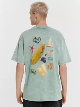 Футболка мужская голубая с обработкой эйсид и принтом