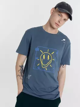 Футболка мужская серо-синяя с печатью