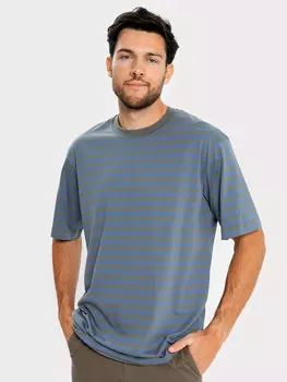 Футболка мужская синяя в зеленую полоску