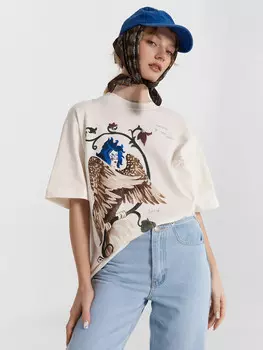 Футболка женская бежевая с принтом и надписью