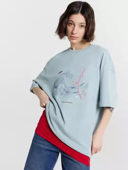 Футболка женская оверсайз голубая с принтом