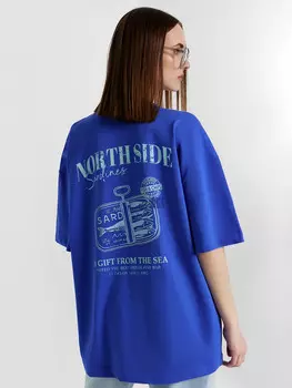 Футболка женская синяя с принтом и надписью