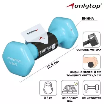 Гантель виниловая onlytop, 0,5 кг, цвет голубой