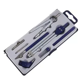 Готовальня 8 предметов: 2 циркуля 150 мм, 105 мм, 2 удлинителя, грифель, 2 рейсфедера, центрик, держатель для карандаша, в пластиковом пенале