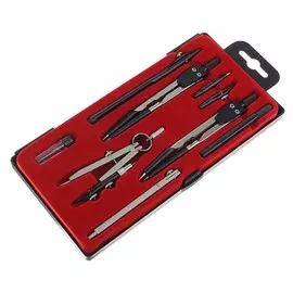 Готовальня 9 предметов (3 циркуля, 2 рейсфедера, 3 удлинителя, грифель, центрик), в пластиковом пенале