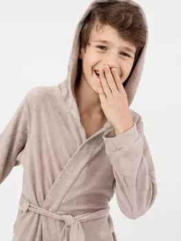 Халат песочно-серого цвета с ушками на капюшоне для мальчиков