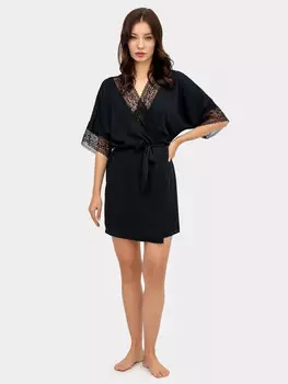Халат женский в черном цвете с деталями из кружева