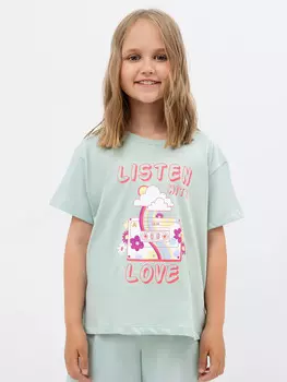Хлопковая футболка с принтом в ментоловом цвете для девочек