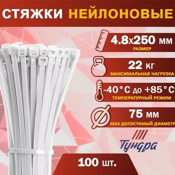 Хомут нейлоновый для стяжки, тундра, 4.8250 мм, белый, 100 шт.
