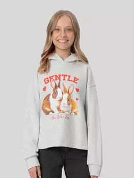 Худи для девочек серое с принтом и надписью