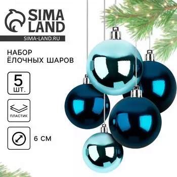 Ёлочные игрушки, шары новогодние, украшение на новый год, d=6 см, 5 шт., цвет синий и голубой