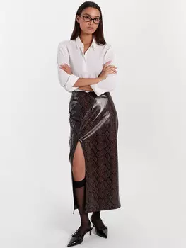 Юбка женская черно-коричневая со змеиным принтом из экокожи