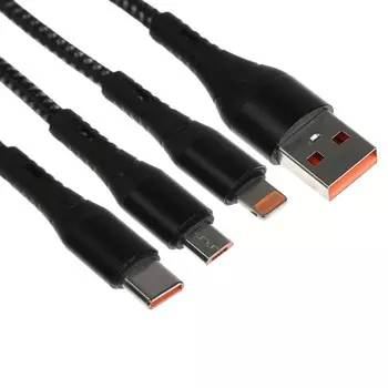 Кабель 3 в 1, microusb/type-c/lightning - usb, 3 а, 1.25 метра, черный