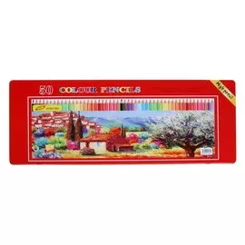 Карандаши 50 цветов, в металлическом пенале, корпус шестигранный, заточенные