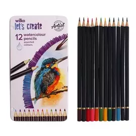 Карандаши акварельные 12 цветов, корпус деревянный, шестигранные, в металлической коробке