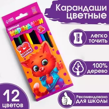 Карандаши цветные 12 цветов заточенные трехгранные деревянный корпус