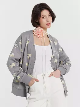 Кардиган серый с цветочным принтом