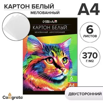 Картон белый а4, 6 листов, мелованный, двусторонний 370г/м