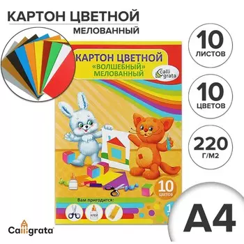 Картон цветной а4, 10 листов, 10 цветов, волшебный (золото+серебро) мелованный 220 г/м2,