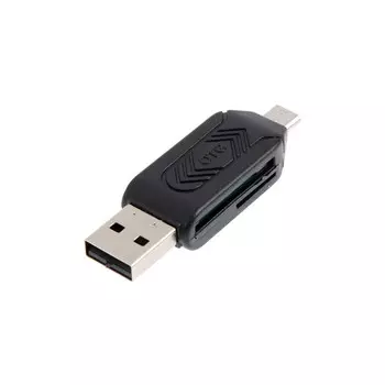 Картридер-otg luazon lncr-001, подключение microusb и usb, слоты sd, microsd, черный