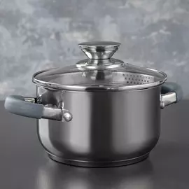 Кастрюля из нержавеющей стали magistro tefida, 1,7 л, крышка-дуршлаг, носик для слива, капсульное дно, силиконовые ручки, стеклянная крышка