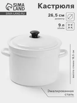 Кастрюля эмалированная, 9 л, с крышкой, белая