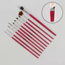 Набор кистей для наращивания и дизайна ногтей, 10 шт, 18,5 см, цвет розовый