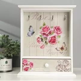 Ключница дерево 4 крючка с ящичком