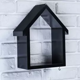 Ключница-полка домик средняя, 3 крючка, черная 29,5*25*10