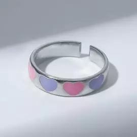 Кольцо amore ряд сердец, цвет розово-сиреневый в серебре, безразмерное