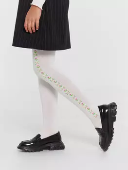 Колготки детские белые с цветочным узором